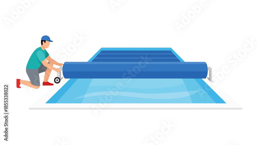 Man unrolling pool cover: simplified flat design for pool maintenance