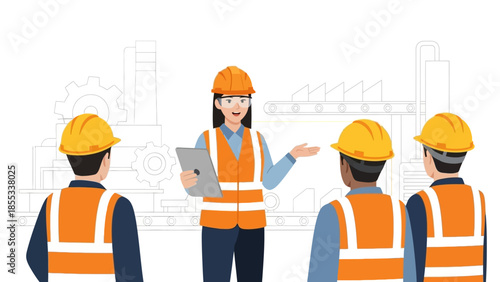 Team of construction workers discussing project with supervisor in safety gear