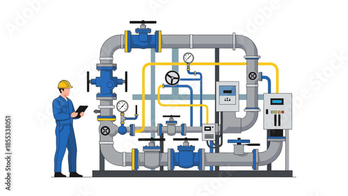 Industrial pipeline system with engineer analyzing pressure gauges in flat design