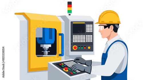 Industrial worker operating cnc machine with safety gear in a manufacturing facility