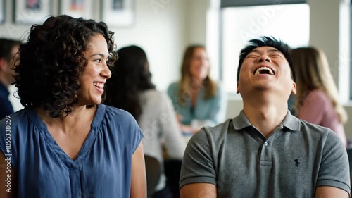 A businessman laughs heartily at a colleague's joke during a coffee break, showcasing a positive and friendly workplace environment in a soft-focus shot.