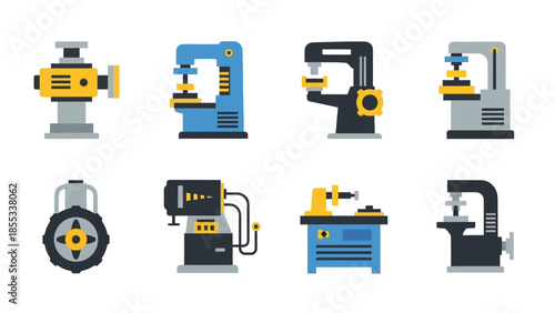Colorful flat design industrial machines set for engineering and manufacturing