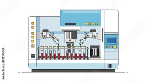 Automated laboratory machine with robotic arms and test tubes in flat design