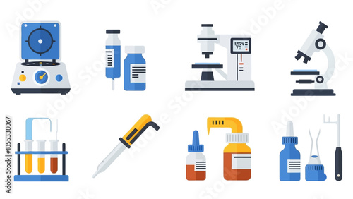 Compact lab equipment featuring microscope, centrifuge, and medical vials in modern flat design