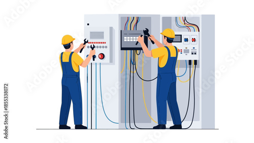 Electricians working on control panel in flat style with tools and safety gear