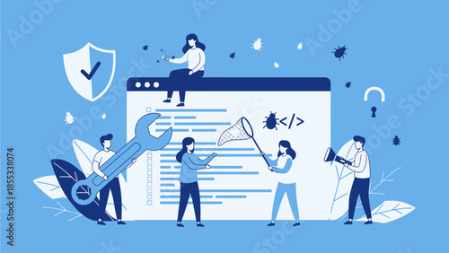 People working together on coding project with tools and security elements