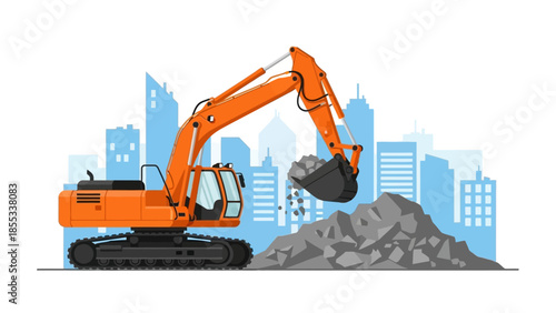 Orange excavator at construction site with city skyline in background