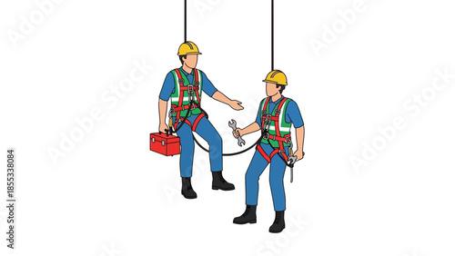 Workers in safety gear on suspended ropes engaged in building maintenance