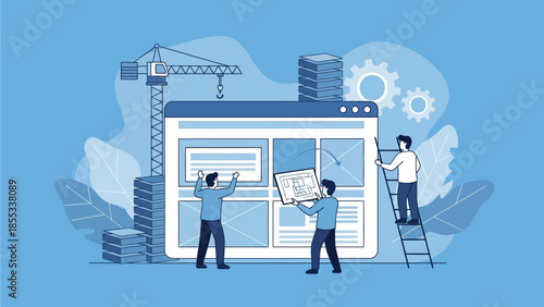 Three individuals collaborating on a large webpage design project surrounded by development symbols and construction elements