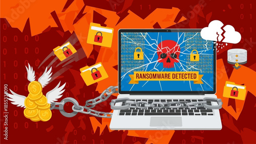 Laptop compromised by ransomware attack with padlocks and chains surrounding it