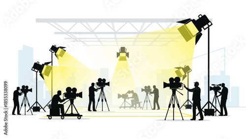 Film crew silhouette: behind the scenes with cinematic lighting