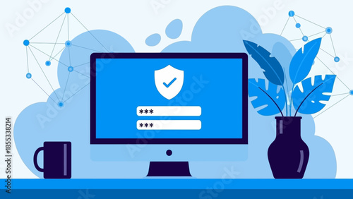 Secure login interface on a modern computer monitor displaying a password entry screen with a shield icon, sitting on a desk with a cup and a vase with leaves beside it.