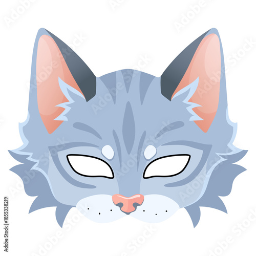 Cat animal carnival party mask. Accessory for Therian subculture, quadrobics. Festival costume accessory designed to resemble a kitten pet face, featuring eye holes, pink nose, perfect for children