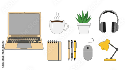 Modern office essentials: laptop, coffee, stationery, and tech gadgets in minimalist design
