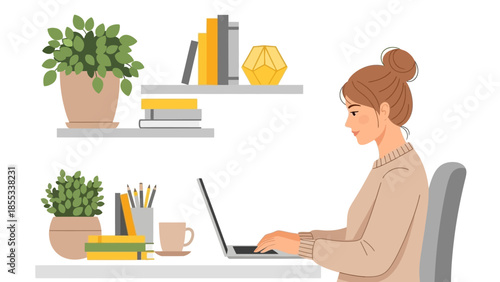 Woman working on laptop at minimalist home office with plants and shelves