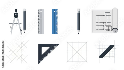 Engineering tools and architectural blueprint elements in modern flat design