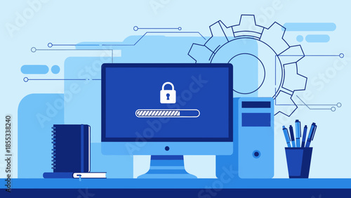 Secure Computer System with Lock Icon and Office Supplies on Desk