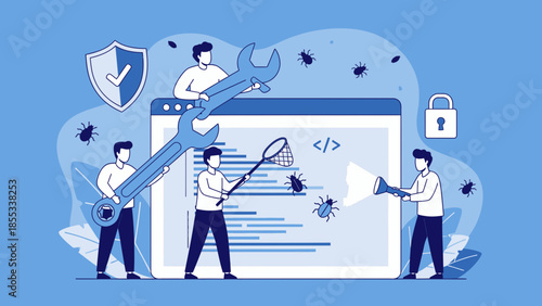 Developers collaborating on coding project with security and debugging tools