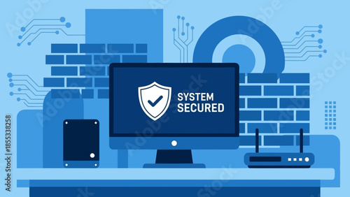 Computer system secured with shield icon on monitor screen in a digital workspace