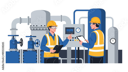 Industrial engineers analyzing machinery in factory setting with precision