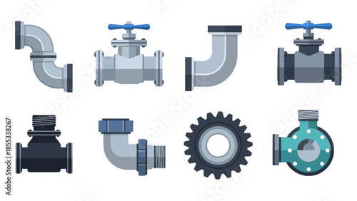Industrial plumbing components collection with modern pipe and valve designs