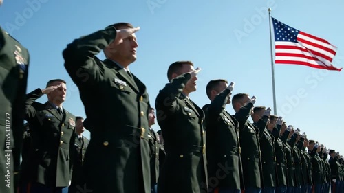 U.S. soldiers in uniform saluting the American flag in the sunlight, representing military pride, national honor, and patriotism