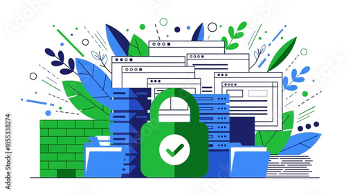 Secure documents and files protected with a padlock symbol surrounded by digital elements and stationery