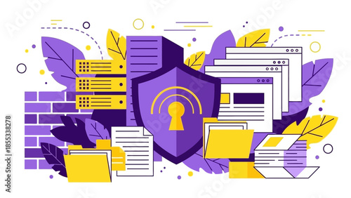 Secure documents and data protection illustration showcasing shield with key icon surrounded by digital files and security elements