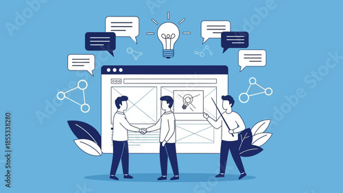 Three individuals collaborating on a web page design surrounded by creative elements and ideas