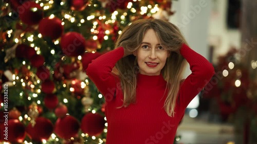 Elegant maternity shoot capturing woman adjusting collar among sparkling ornaments and warm lights slow motion