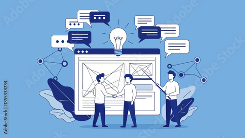 Team members collaborating on a web development project in a modern office environment