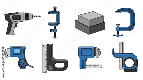 Set of tools in flat design: drill, clamps, tape measure, and ruler for diy projects