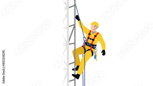 Worker climbing tower in safety gear with harness on ladder against white background