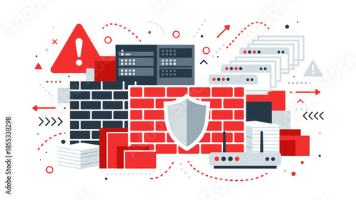 Digital security concept illustration featuring a shield and warning sign amidst red and black brick firewall design