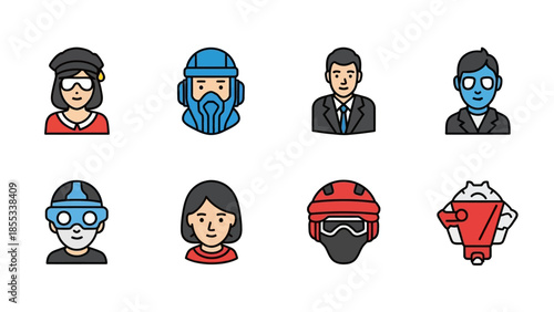 Cartoon style icon set of diverse professional roles and hobbies