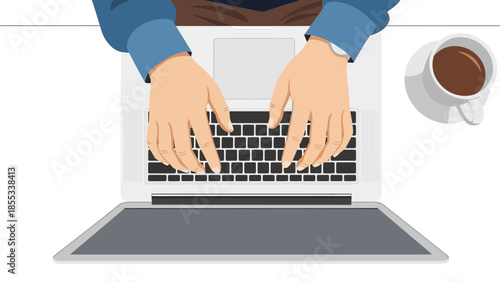 Person typing on laptop with coffee cup nearby in flat style workspace