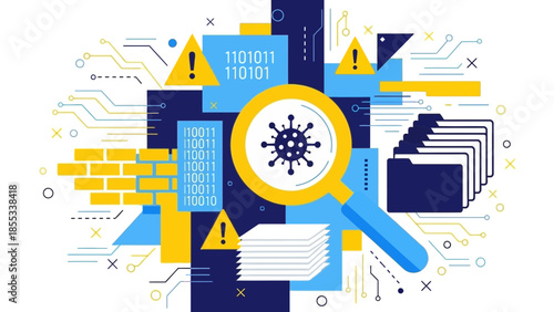 Analyzing digital virus threats in a virtual environment with magnifying glass and warning signs
