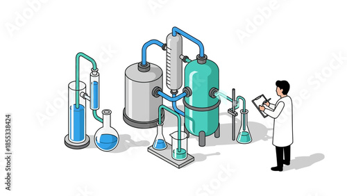 Chemist analyzing equipment in an isometric laboratory scene