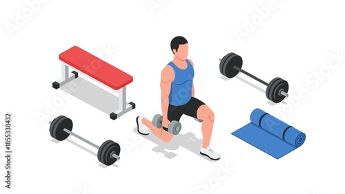 Isometric fitness setup with dumbbell lunges, weights, and exercise equipment