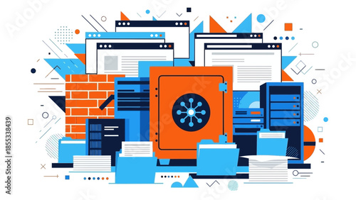 A collection of digital screens and documents surround a prominent orange safe in a modern workspace environment viewed from directly above