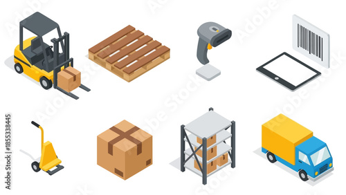 Isometric warehouse equipment set: forklift, barcode scanner, delivery truck