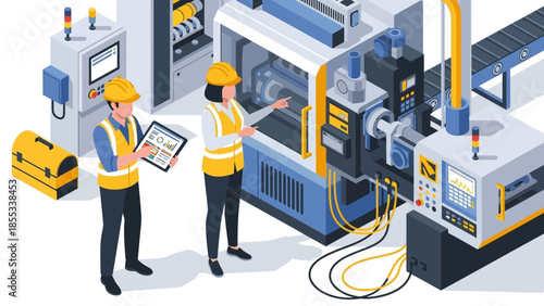 Modern factory workers operating high-tech machinery in 3d industrial setting