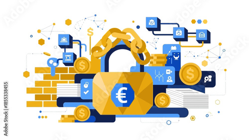 Secure online transaction with euro currency symbol on a digital padlock surrounded by financial icons and data streams