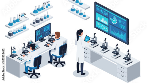 Isometric laboratory with scientists working on data analysis and microscopes in modern research facility