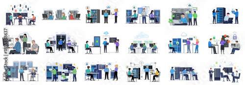 A comprehensive collection of vector illustrations showing IT professionals, developers, and engineers working on data centers, cloud computing, server management, and cybersecurity tasks.