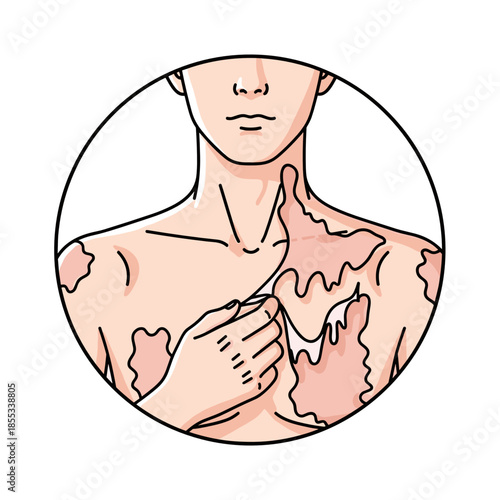 Young person examining skin condition with peeling patches of skin  