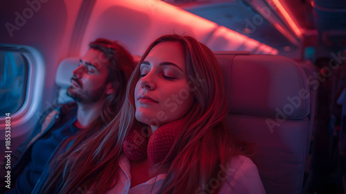 Calm young woman resting with closed eyes during night flight inside airplane cabin, expressing travel comfort, passenger relaxation, modern aviation and peaceful journey
