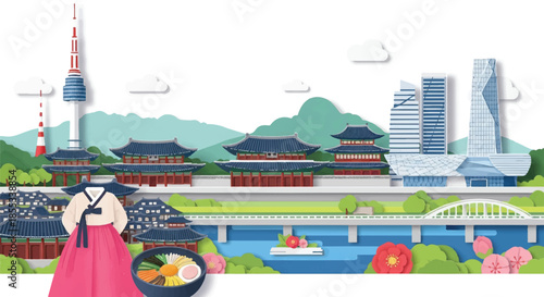 Korean landmarks illustrated in a vibrant, colorful 2D flat paper cut style, depicting famous cultural sites and architecture against a clean white background for tourism campaigns.