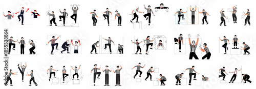 Mime performance vector set: A collection of illustrations depicting various classical silent theater acts, including invisible walls, ropes, boxes, and climbing movements.