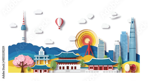Korean landmarks are precisely rendered in a flat 2D paper cut vector illustration, capturing the essence of Asian travel and tourism on a clean, isolated white background.